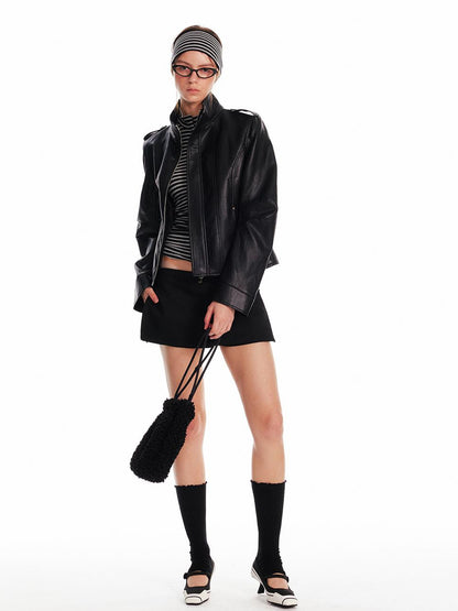 ALINNV STUDIO Vintage Leather Jacket With Studs Asymmetrical Sleeves