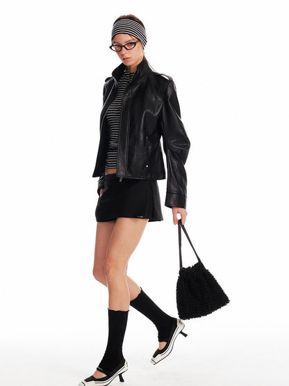 ALINNV STUDIO Vintage Leather Jacket With Studs Asymmetrical Sleeves