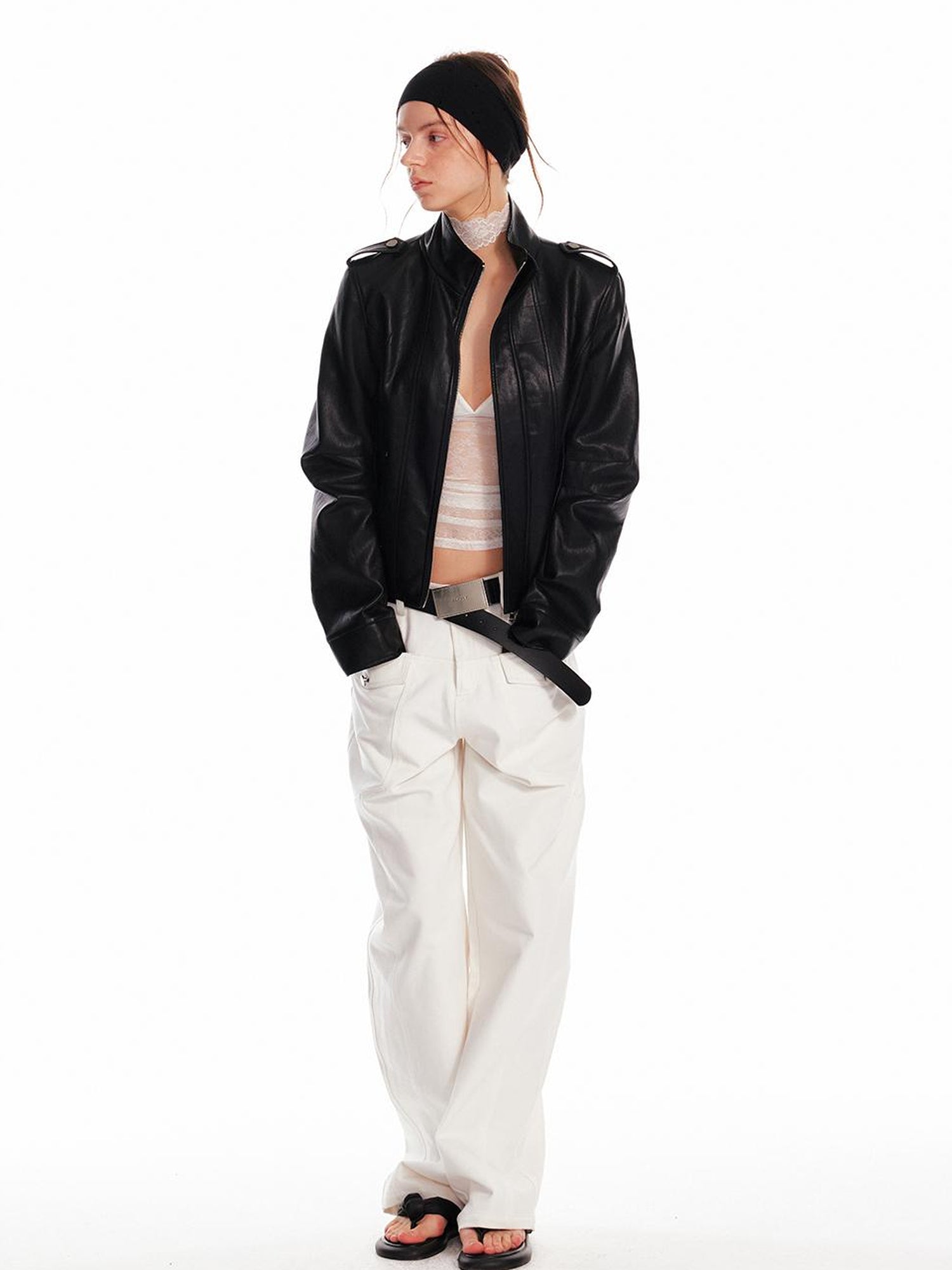 ALINNV STUDIO Vintage Leather Jacket With Studs Asymmetrical Sleeves