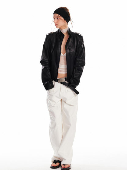 ALINNV STUDIO Vintage Leather Jacket With Studs Asymmetrical Sleeves