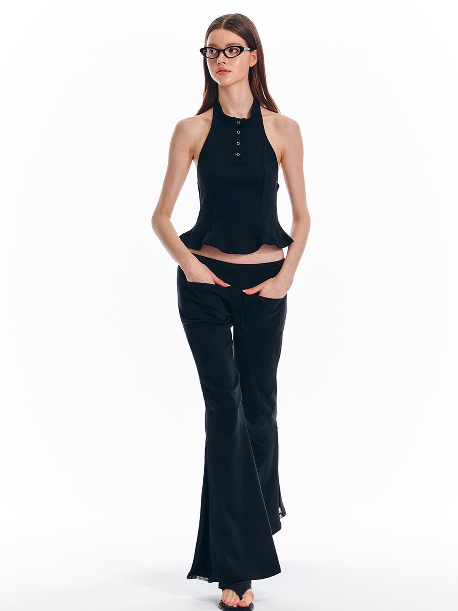 ALINNV STUDIO Vintage Low Rise Embroidered Flared Sweatpants with Sheer Panel