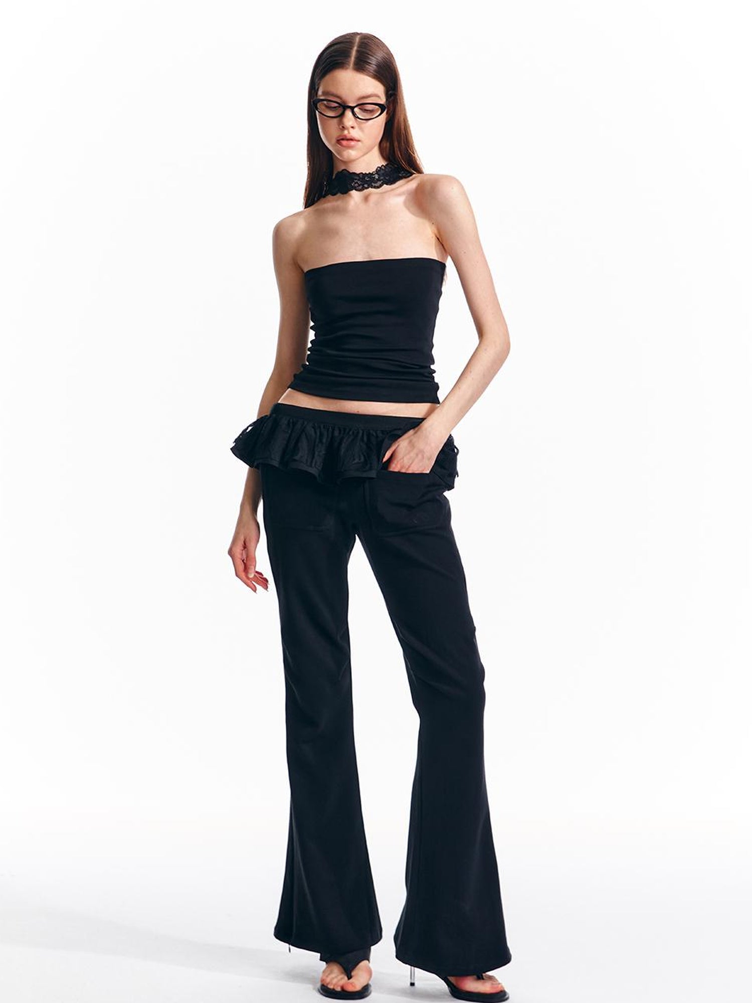 ALINNV STUDIO Vintage Low Rise Embroidered Flared Sweatpants with Sheer Panel