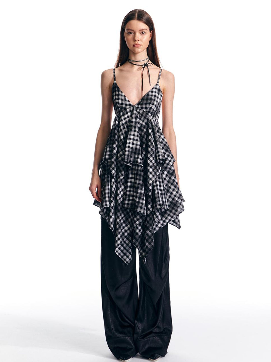 ALINNV STUDIO Vintage Plaid Double Layer Asymmetrical Slip Dress