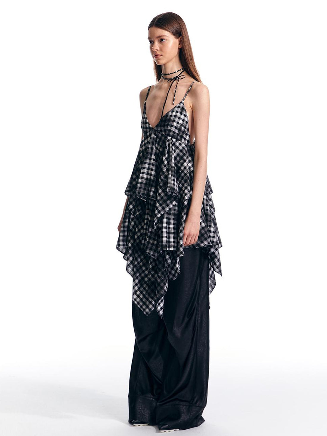 ALINNV STUDIO Vintage Plaid Double Layer Asymmetrical Slip Dress