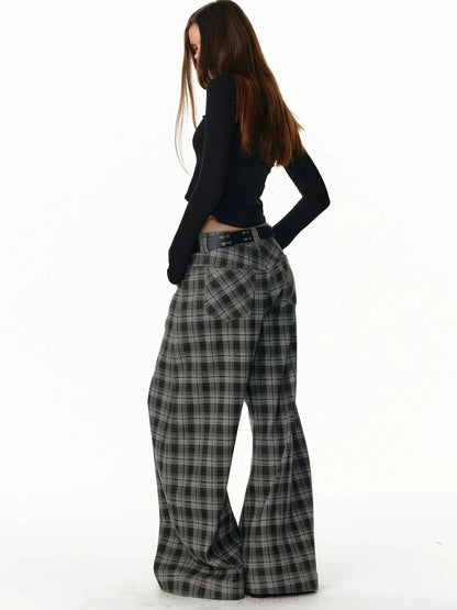 ALINNV STUDIO Vintage Plaid Fleece Lined Cargo Flare Pants Pants