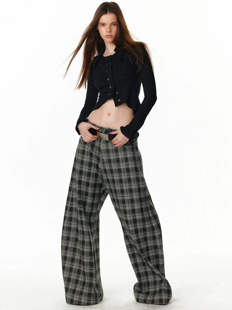 ALINNV STUDIO Vintage Plaid Fleece Lined Cargo Flare Pants Pants