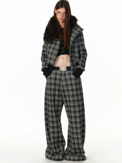ALINNV STUDIO Vintage Plaid Fleece Lined Cargo Flare Pants Pants