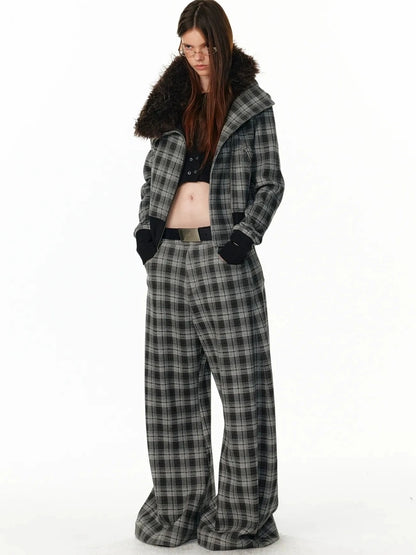 ALINNV STUDIO Vintage Plaid Fleece Lined Cargo Flare Pants Pants