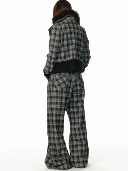 ALINNV STUDIO Vintage Plaid Fleece Lined Cargo Flare Pants Pants