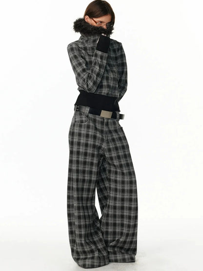 ALINNV STUDIO Vintage Plaid Fleece Lined Cargo Flare Pants Pants