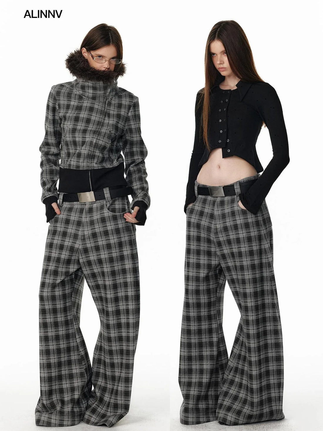 ALINNV STUDIO Vintage Plaid Fleece Lined Cargo Flare Pants Pants