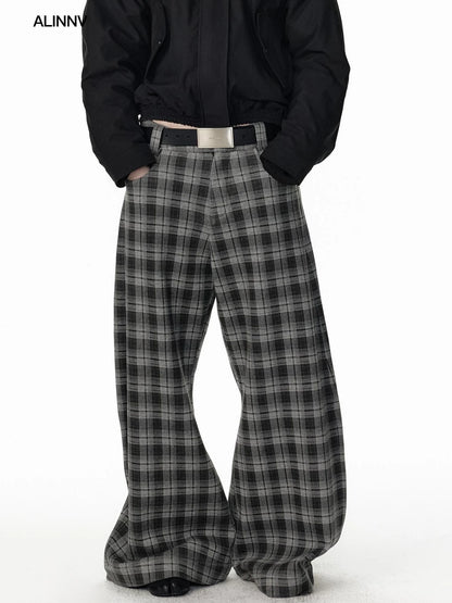ALINNV STUDIO Vintage Plaid Fleece Lined Cargo Flare Pants Pants