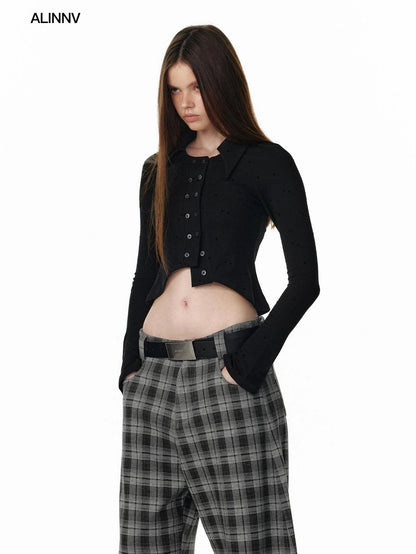 ALINNV STUDIO Vintage Polka Dot Flared Sleeve Asymmetric Hem Shirt T-shirt