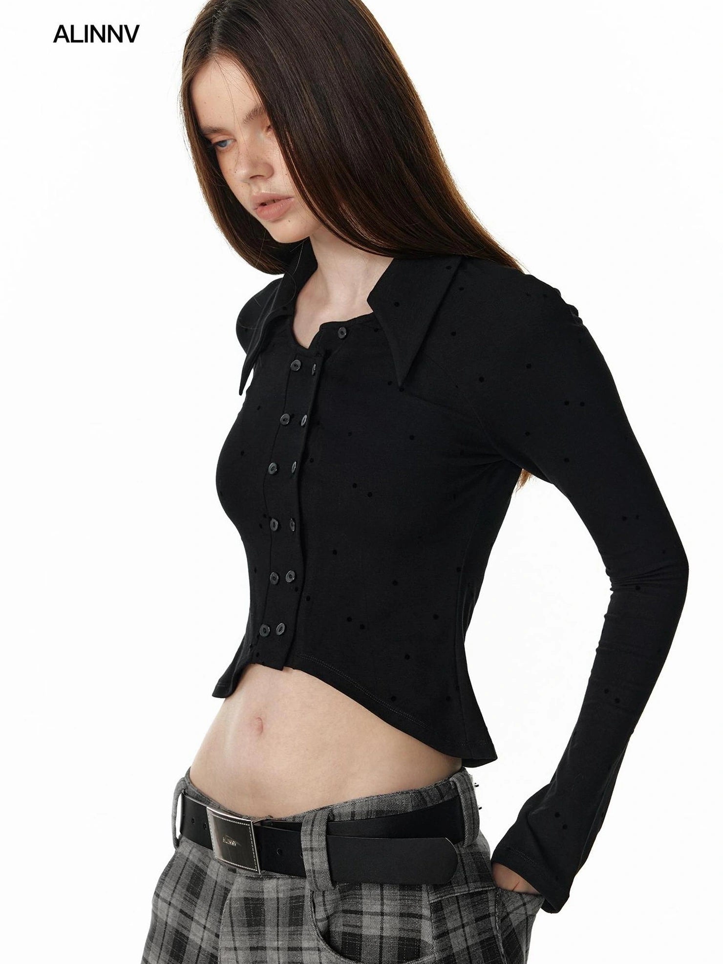 ALINNV STUDIO Vintage Polka Dot Flared Sleeve Asymmetric Hem Shirt T-shirt