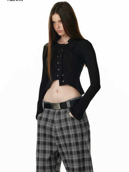 ALINNV STUDIO Vintage Polka Dot Flared Sleeve Asymmetric Hem Shirt T-shirt