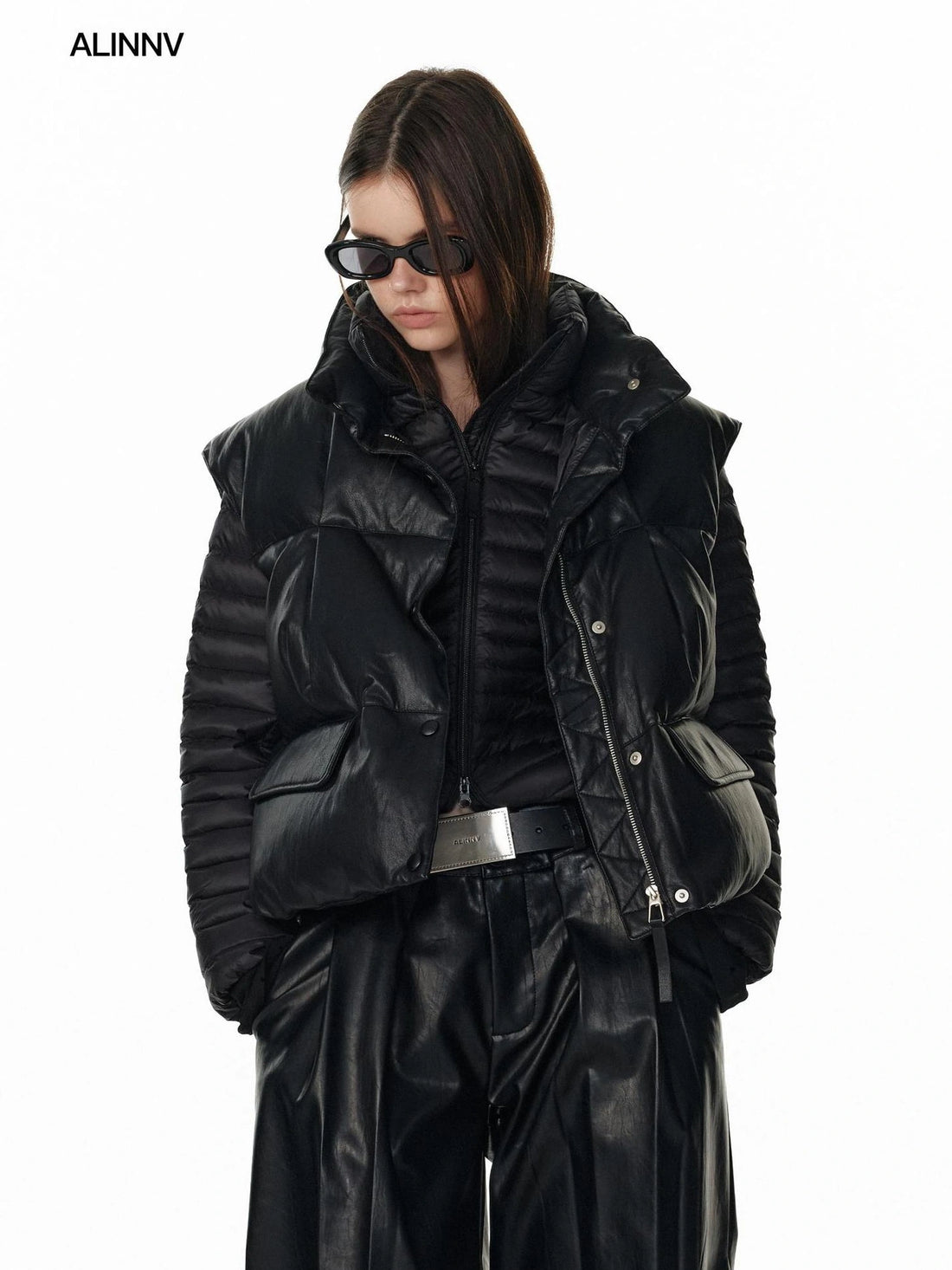 ALINNV STUDIO Vintage Pu Leather Stand Collar Zip Up Thermal Vest Down Jacket