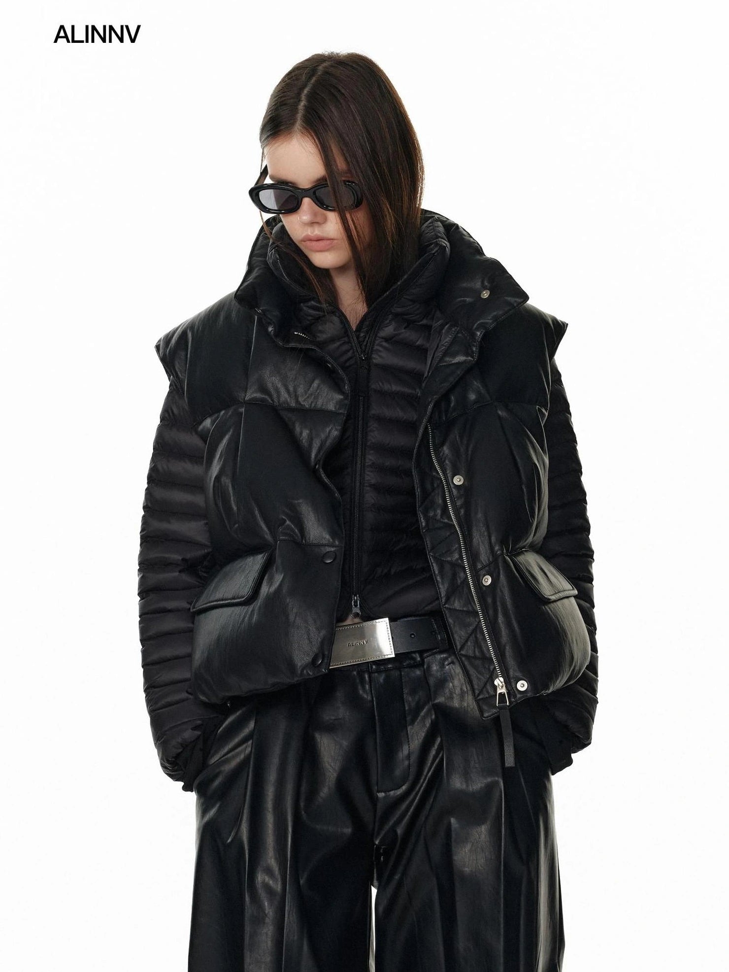 ALINNV STUDIO Vintage Pu Leather Stand Collar Zip Up Thermal Vest Down Jacket