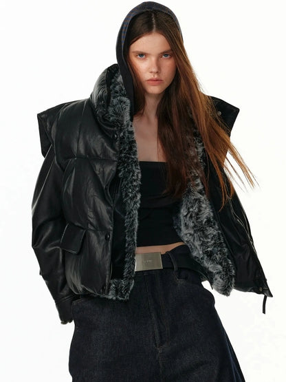 ALINNV STUDIO Vintage Pu Leather Stand Collar Zip Up Thermal Vest Down Jacket