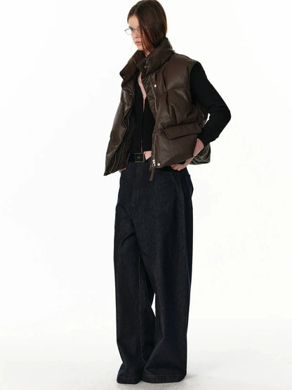 ALINNV STUDIO Vintage Pu Leather Stand Collar Zip Up Thermal Vest Down Jacket