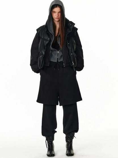 ALINNV STUDIO Vintage Pu Leather Stand Collar Zip Up Thermal Vest Down Jacket