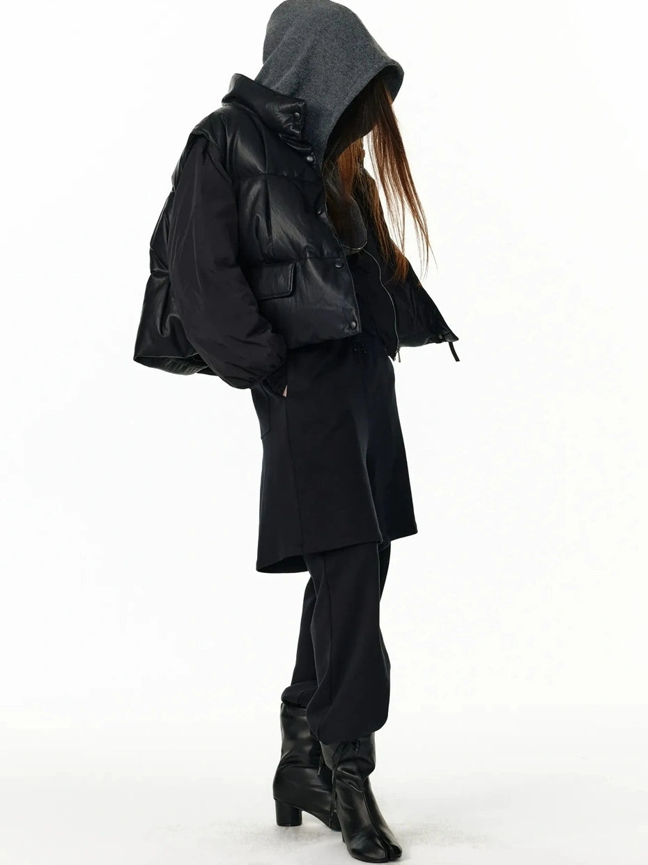 ALINNV STUDIO Vintage Pu Leather Stand Collar Zip Up Thermal Vest Down Jacket