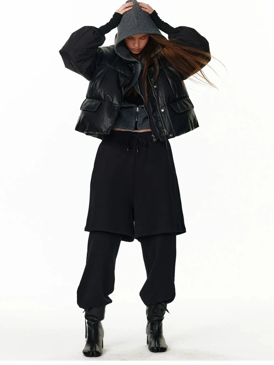 ALINNV STUDIO Vintage Pu Leather Stand Collar Zip Up Thermal Vest Down Jacket