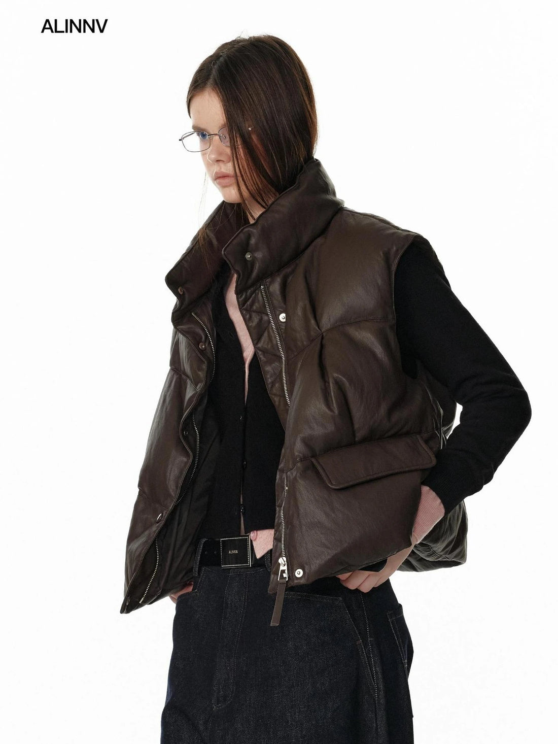 ALINNV STUDIO Vintage Pu Leather Stand Collar Zip Up Thermal Vest Down Jacket