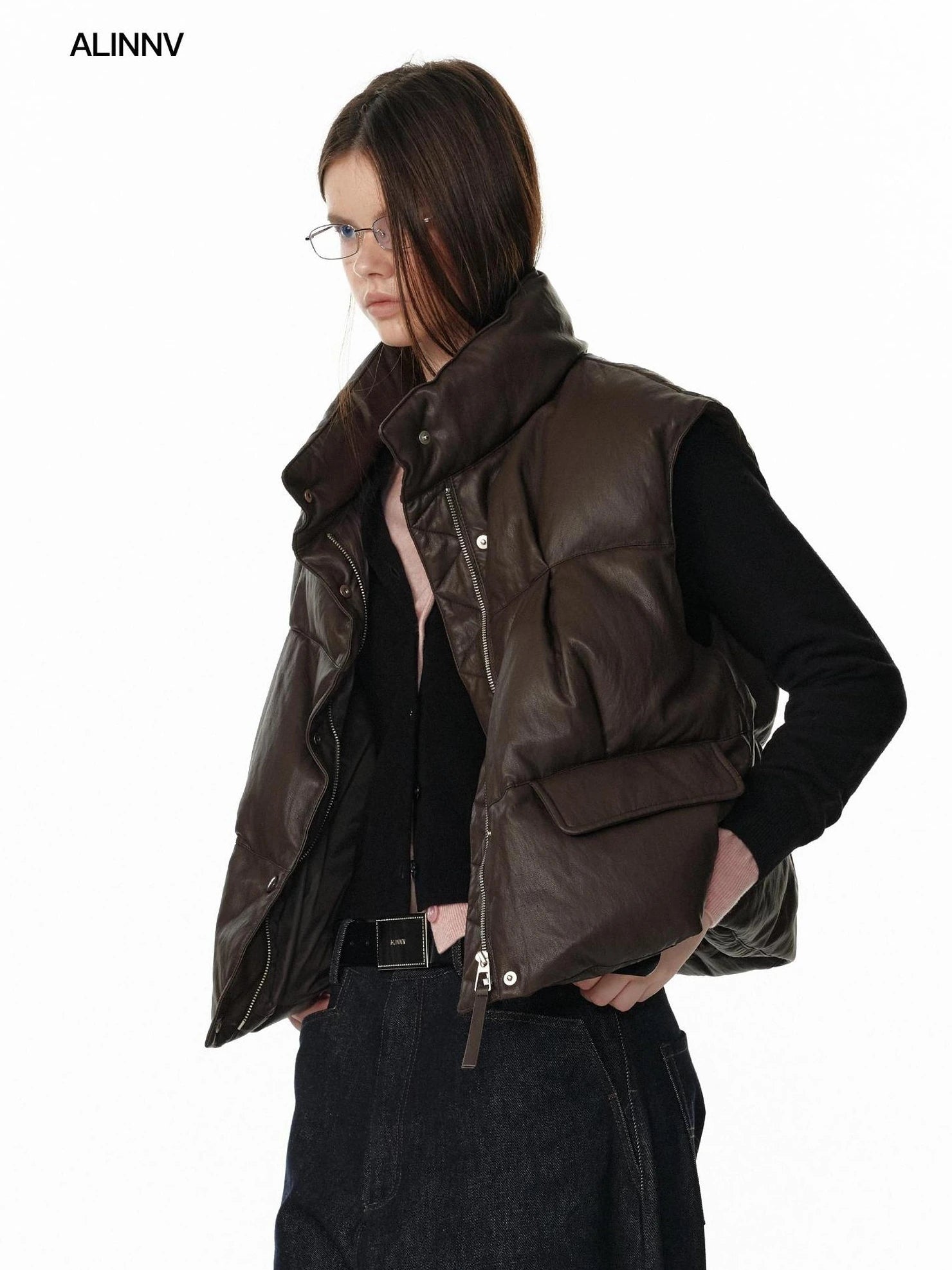 ALINNV STUDIO Vintage Pu Leather Stand Collar Zip Up Thermal Vest Down Jacket