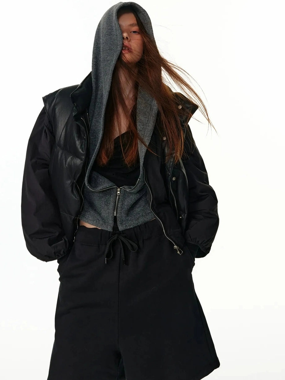 ALINNV STUDIO Vintage Pu Leather Stand Collar Zip Up Thermal Vest Down Jacket