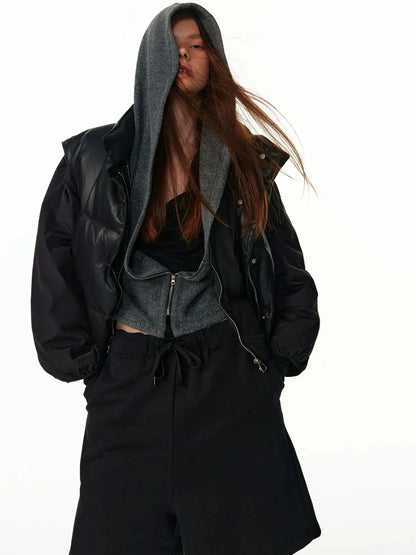 ALINNV STUDIO Vintage Pu Leather Stand Collar Zip Up Thermal Vest Down Jacket