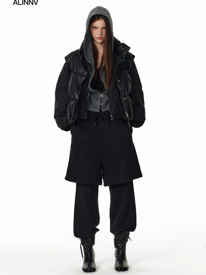 ALINNV STUDIO Vintage Pu Leather Stand Collar Zip Up Thermal Vest Down Jacket