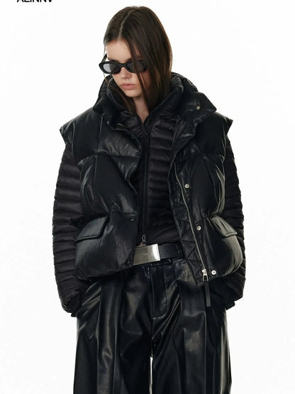 ALINNV STUDIO Vintage Pu Leather Stand Collar Zip Up Thermal Vest Down Jacket