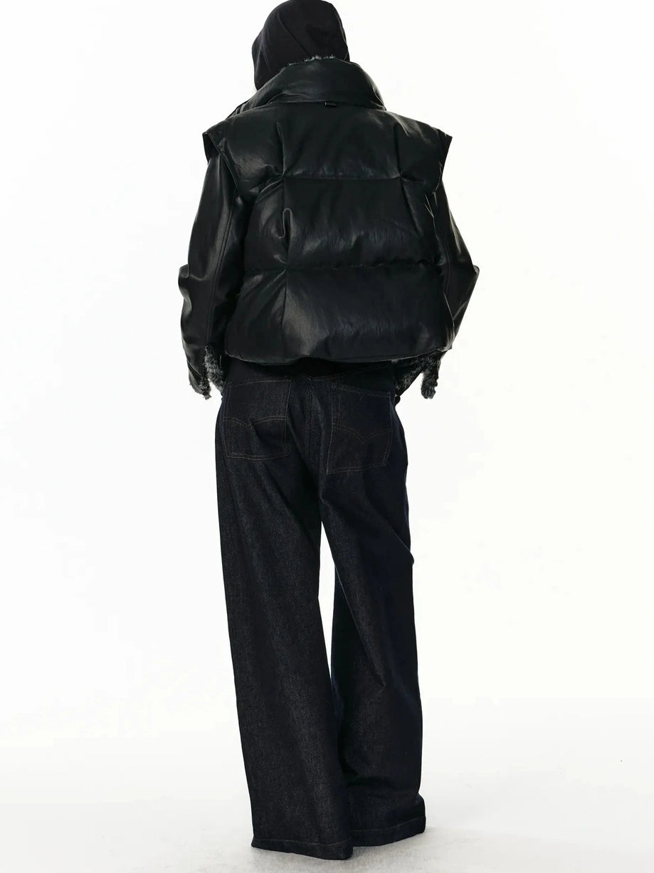 ALINNV STUDIO Vintage Pu Leather Stand Collar Zip Up Thermal Vest Down Jacket