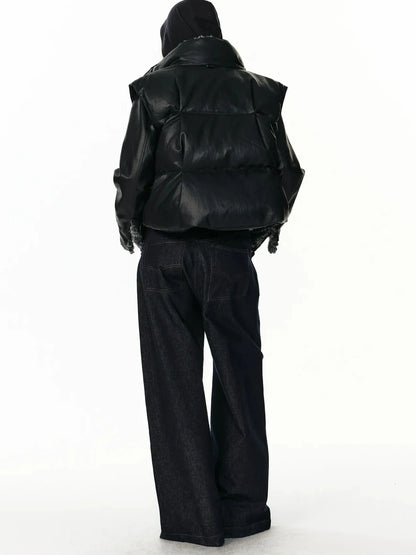 ALINNV STUDIO Vintage Pu Leather Stand Collar Zip Up Thermal Vest Down Jacket