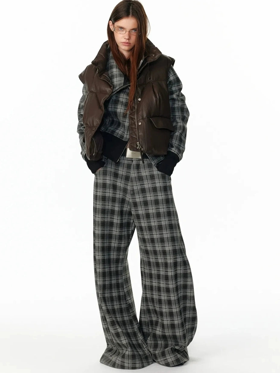 ALINNV STUDIO Vintage Pu Leather Stand Collar Zip Up Thermal Vest Down Jacket