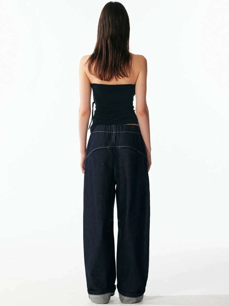 ALINNV STUDIO Vintage Relaxed Wide Leg Denim Pants With Adjustable Waist Jeans