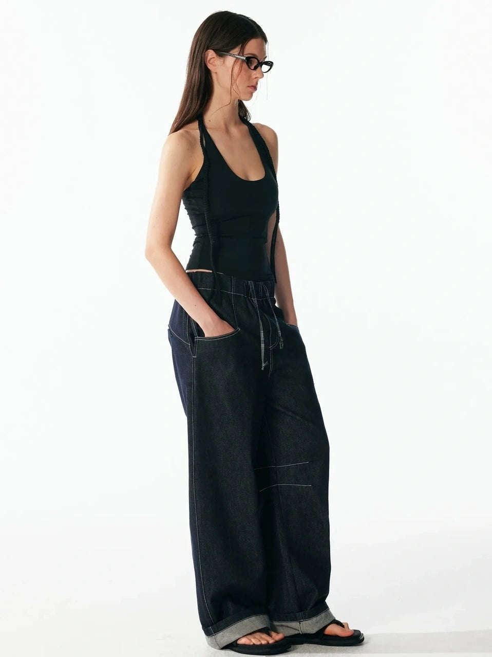 ALINNV STUDIO Vintage Relaxed Wide Leg Denim Pants With Adjustable Waist Jeans