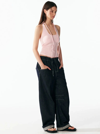 ALINNV STUDIO Vintage Relaxed Wide Leg Denim Pants With Adjustable Waist Jeans