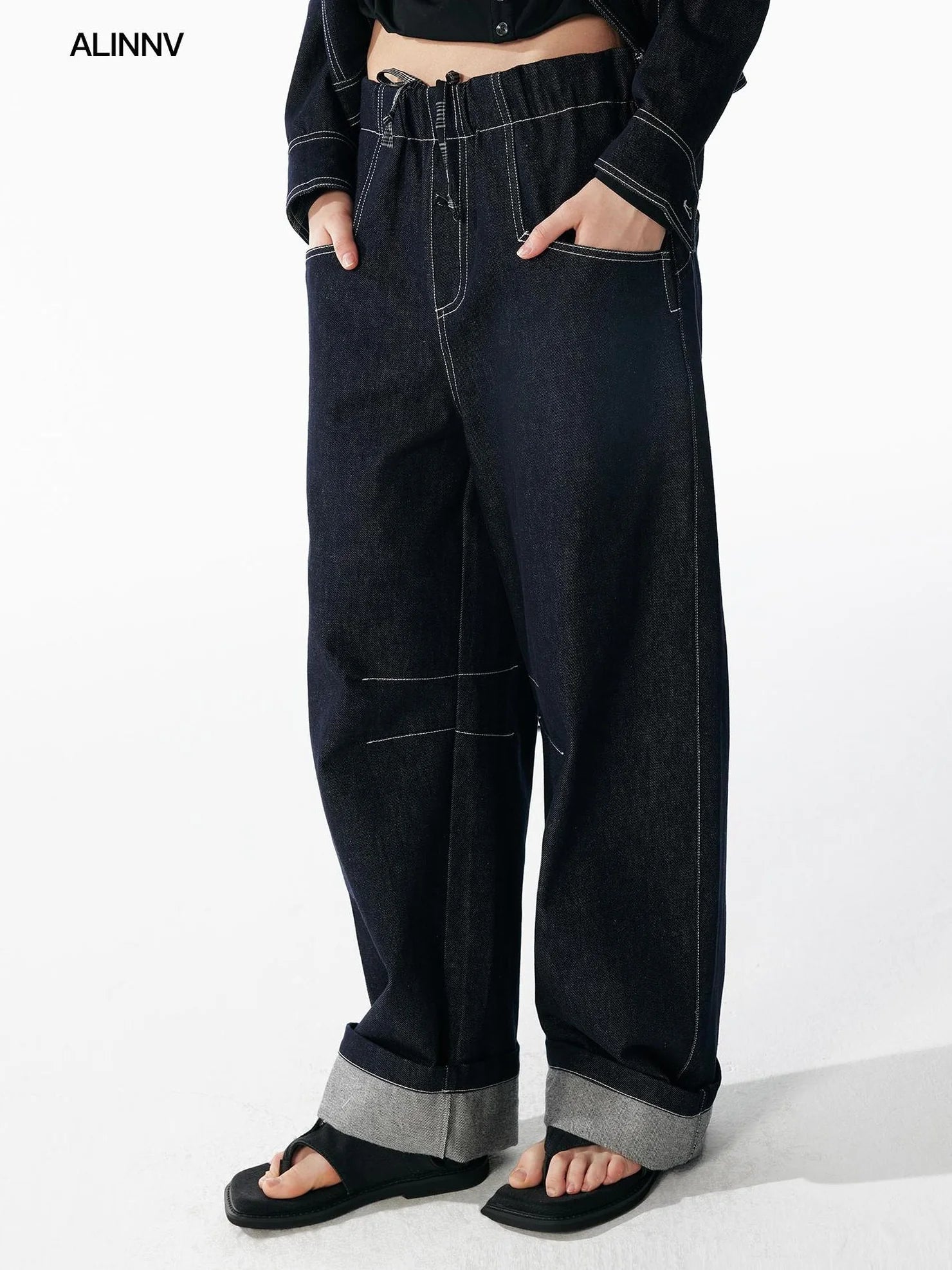ALINNV STUDIO Vintage Relaxed Wide Leg Denim Pants With Adjustable Waist Jeans