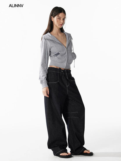 ALINNV STUDIO Vintage Relaxed Wide Leg Denim Pants With Adjustable Waist Jeans