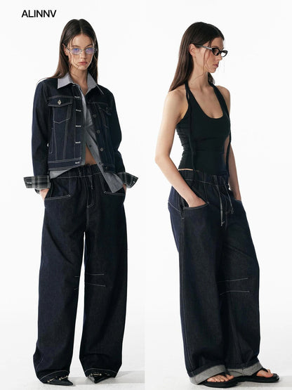 ALINNV STUDIO Vintage Relaxed Wide Leg Denim Pants With Adjustable Waist Jeans