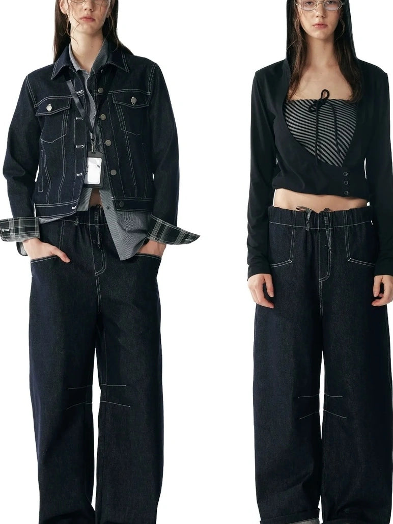 ALINNV STUDIO Vintage Relaxed Wide Leg Denim Pants With Adjustable Waist Jeans