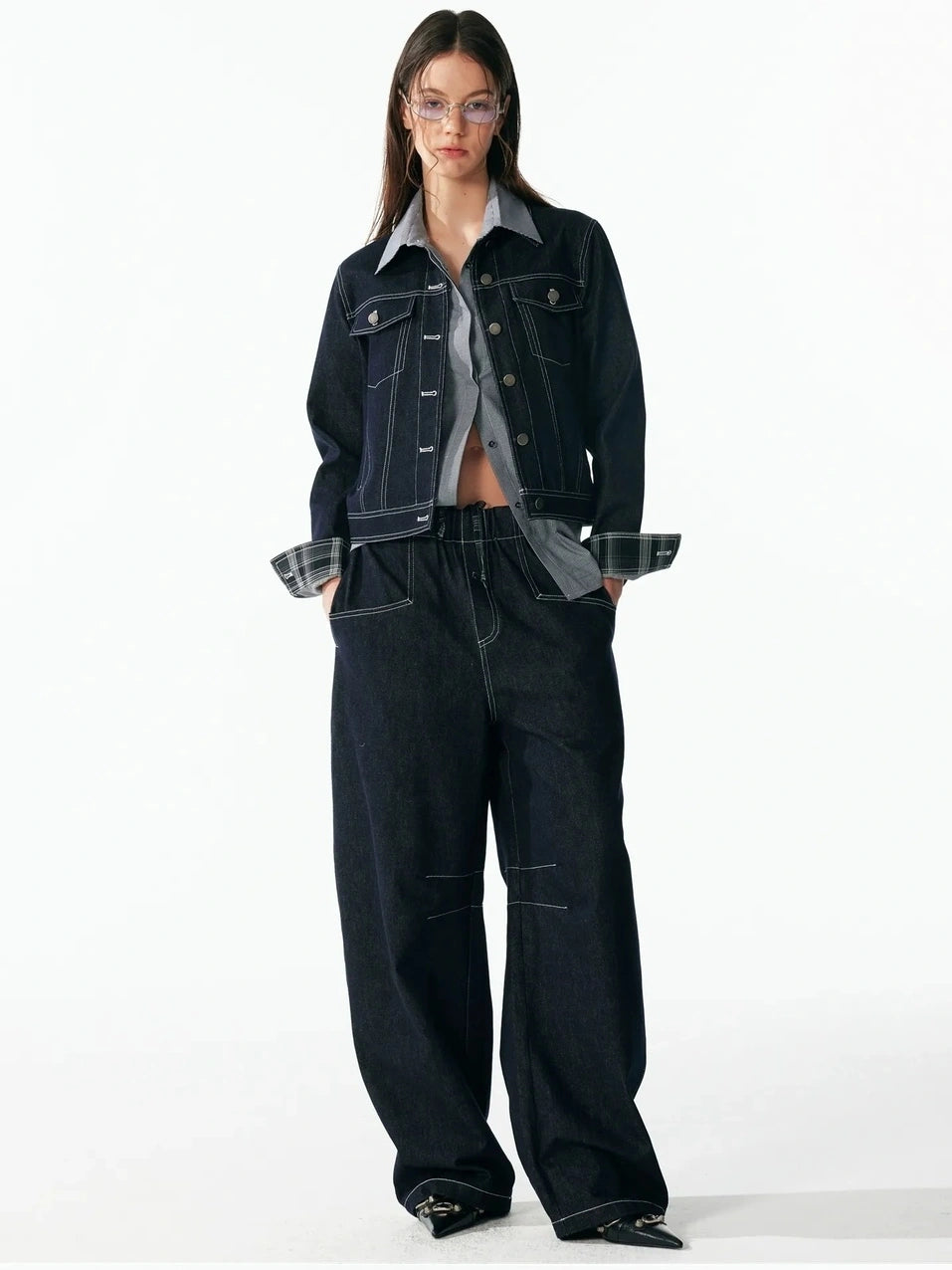 ALINNV STUDIO Vintage Relaxed Wide Leg Denim Pants With Adjustable Waist Jeans