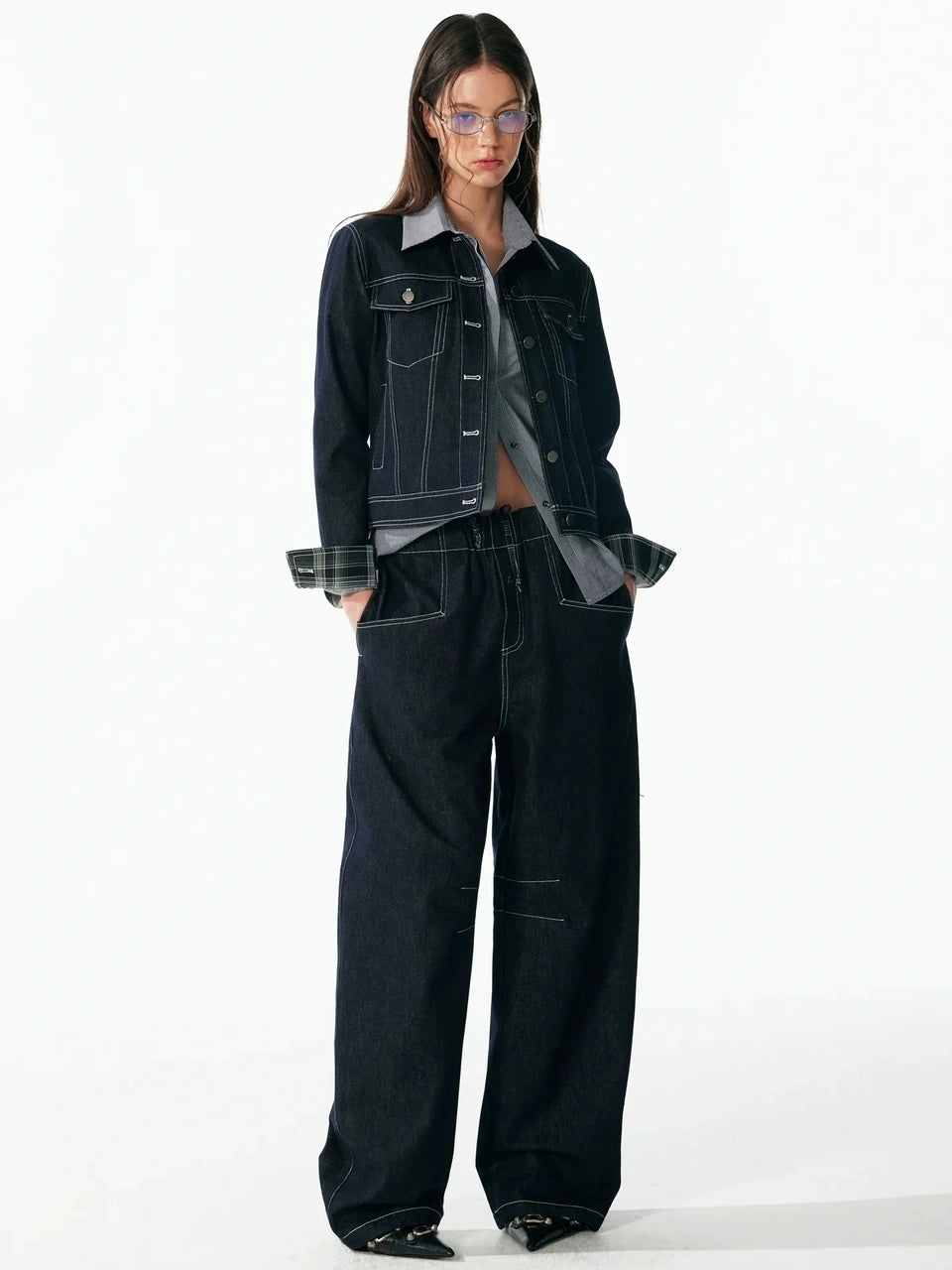 ALINNV STUDIO Vintage Relaxed Wide Leg Denim Pants With Adjustable Waist Jeans