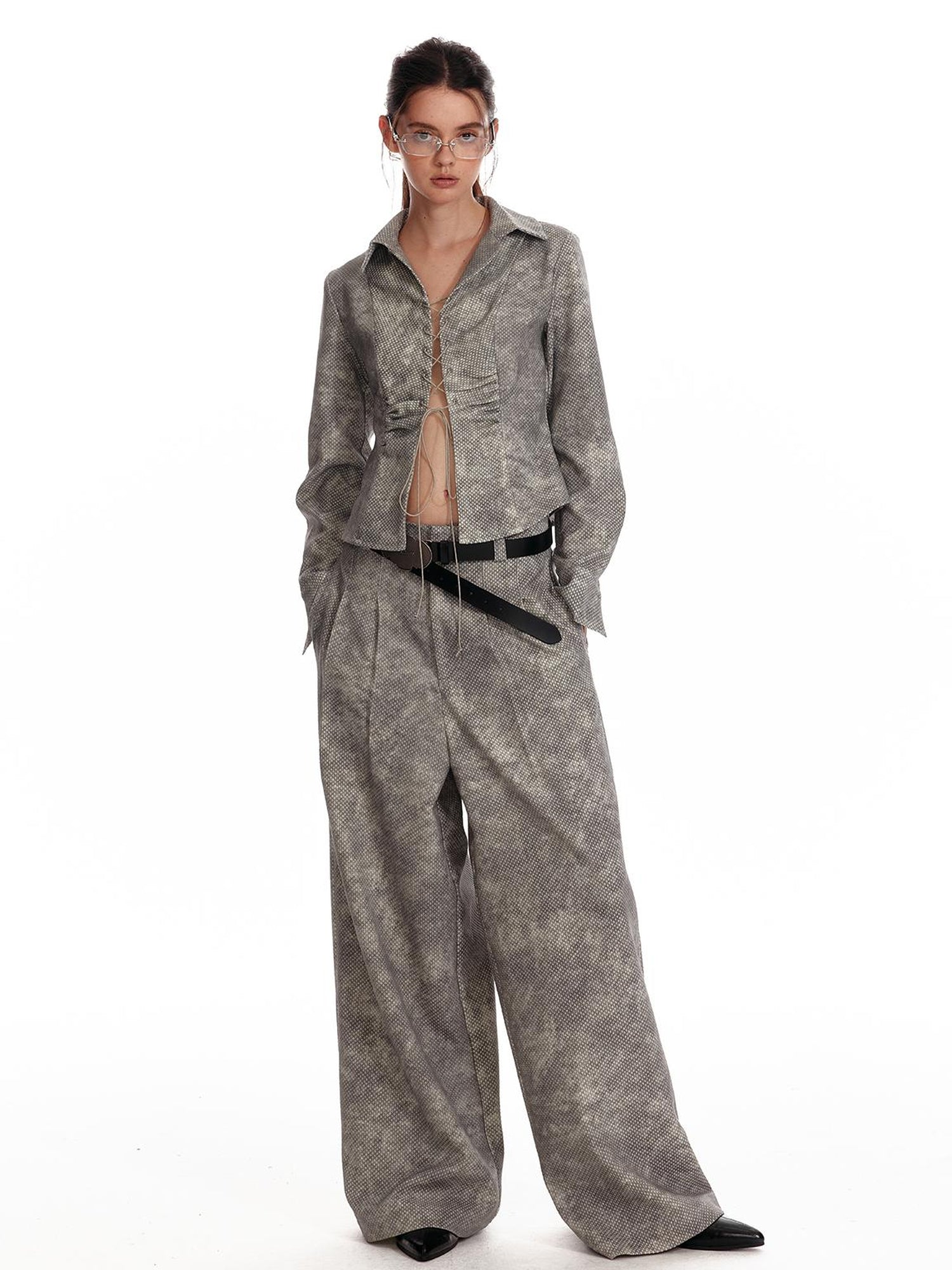 ALINNV STUDIO Vintage Relaxed Wide Leg Pants With Tie Detail Shirt