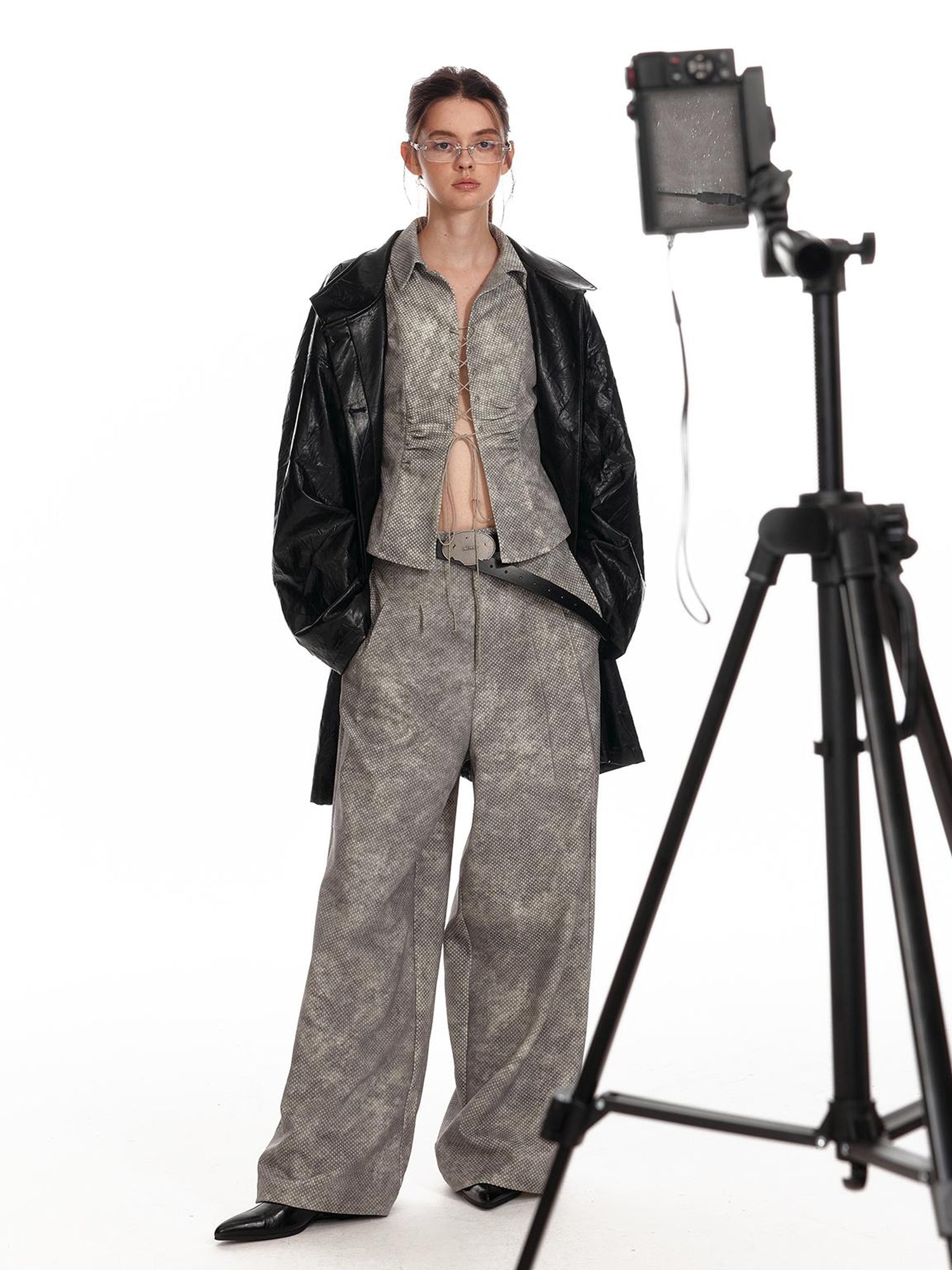 ALINNV STUDIO Vintage Relaxed Wide Leg Pants With Tie Detail Shirt