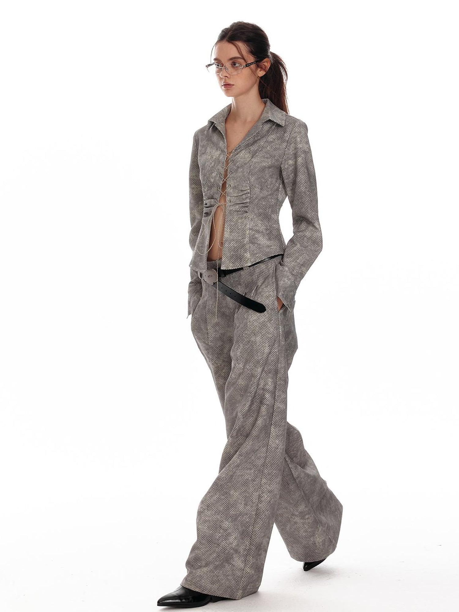 ALINNV STUDIO Vintage Relaxed Wide Leg Pants With Tie Detail Shirt