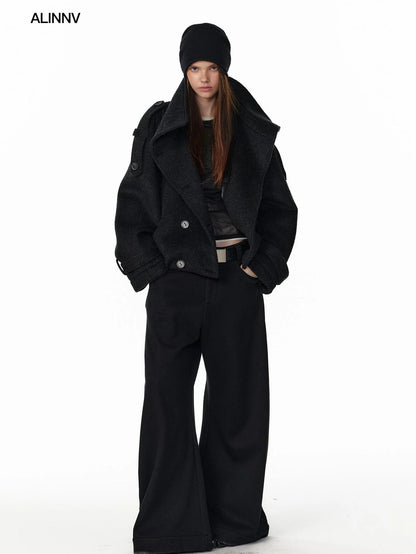 ALINNV STUDIO Vintage Short Wool Coat With Large Lapel Jacket