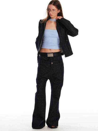 24ans Vintage Stand Collar Gigot Sleeve Denim Jacket Jacket