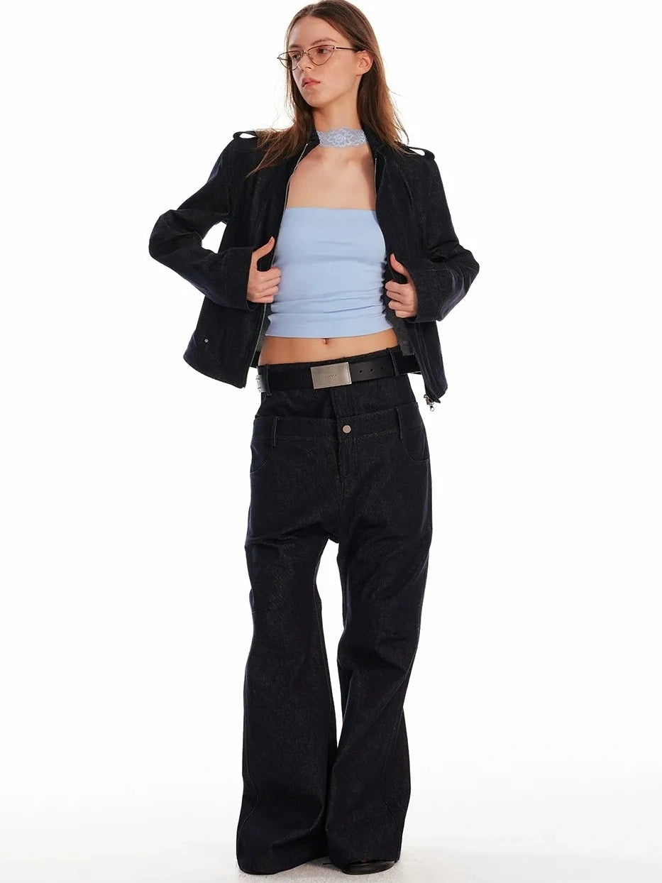 24ans Vintage Stand Collar Gigot Sleeve Denim Jacket Jacket